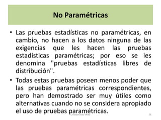 No Paramétricas

• Las pruebas estadísticas no paramétricas, en
  cambio, no hacen a los datos ninguna de las
  exigencias que les hacen las pruebas
  estadísticas paramétricas; por eso se les
  denomina "pruebas estadísticas libres de
  distribución".
• Todas estas pruebas poseen menos poder que
  las pruebas paramétricas correspondientes,
  pero han demostrado ser muy útiles como
  alternativas cuando no se considera apropiado
  el uso de pruebas paramétricas.
                    Cristian Díaz Vélez       26
 
