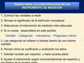 1. Conocer las variables a medir
2. Revisar el significado de la definición conceptual.
3. Seleccionar el instrumento de medición más adecuado
4. Si no existe, desarrollarlo en este sentido
Variable - Categorías - Indicadores - Preguntas o items
5. Las categorías se refieren a facetas dentro de una misma
variable
6. Pensar cómo se codificarán y analizarán los datos
7. Solicitar revisión por expertos y hacer prueba piloto
8. Ajustar el instrumento según recomendaciones de expertos y
PASOS PARA LA CONSTRUCCION DE UN
INSTRUMENTO DE MEDICION
 