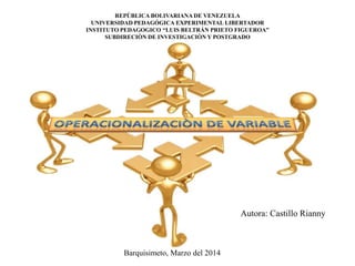 REPÚBLICA BOLIVARIANA DE VENEZUELA
UNIVERSIDAD PEDAGÓGICA EXPERIMENTAL LIBERTADOR
INSTITUTO PEDAGOGICO “LUIS BELTRÁN PRIETO FIGUEROA”
SUBDIRECIÒN DE INVESTIGACIÒN Y POSTGRADO

Autora: Castillo Rianny

Barquisimeto, Marzo del 2014

 
