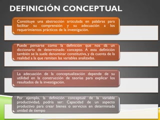 DEFINICIÓN CONCEPTUAL
Constituye una abstracción articulada en palabras para
facilitar su comprensión y su adecuación a los
requerimientos prácticos de la investigación.
Puede pensarse como la definición que nos dá un
diccionario de determinado concepto. A esta definición
también se la suele denominar constitutiva, y da cuenta de la
realidad a la que remiten las variables analizadas.
La adecuación de la conceptualización depende de su
utilidad en la construcción de teorías para explicar los
resultados de la investigación.
Por ejemplo, la definición conceptual de la variable
productividad, podría ser: Capacidad de un aspecto
productivo para crear bienes o servicios en determinada
unidad de tiempo
 