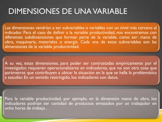 DIMENSIONES DE UNAVARIABLE
Las dimensiones vendrían a ser subvariables o variables con un nivel más cercano al
indicador. Para el caso de definir a la variable productividad, nos encontramos con
diferentes subdimensiones que forman parte de la variable, como ser: mano de
obra, maquinaria, materiales o energía. Cada una de estas subvariables son las
dimensiones de la variable productividad.
A su vez, estas dimensiones, para poder ser contrastadas empíricamente por el
investigador, requieren operacionalizarse en indicadores, que no son otra cosa que
parámetros que contribuyen a ubicar la situación en la que se halla la problemática
a estudiar. En un sentido restringido, los indicadores son datos.
Para la variable productividad, por ejemplo, en la dimensión mano de obra, los
indicadores podrían ser cantidad de productos envasados por un trabajador en
ocho horas de trabajo .
 