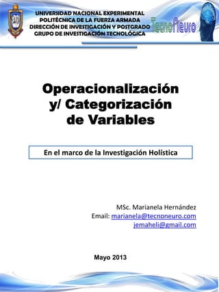 Mayo 2013
UNIVERSIDAD NACIONAL EXPERIMENTAL
POLITÉCNICA DE LA FUERZA ARMADA
DIRECCIÓN DE INVESTIGACIÓN Y POSTGRADO
GRUPO DE INVESTIGACIÓN TECNOLÓGICA
Operacionalización
y/ Categorización
de Variables
En el marco de la Investigación Holística
MSc. Marianela Hernández
Email: marianela@tecnoneuro.com
jemaheli@gmail.com
1
 