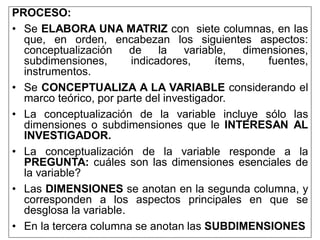 PROCESO:
• Se ELABORA UNA MATRIZ con siete columnas, en las
que, en orden, encabezan los siguientes aspectos:
conceptualización de la variable, dimensiones,
subdimensiones, indicadores, ítems, fuentes,
instrumentos.
• Se CONCEPTUALIZA A LA VARIABLE considerando el
marco teórico, por parte del investigador.
• La conceptualización de la variable incluye sólo las
dimensiones o subdimensiones que le INTERESAN AL
INVESTIGADOR.
• La conceptualización de la variable responde a la
PREGUNTA: cuáles son las dimensiones esenciales de
la variable?
• Las DIMENSIONES se anotan en la segunda columna, y
corresponden a los aspectos principales en que se
desglosa la variable.
• En la tercera columna se anotan las SUBDIMENSIONES
 