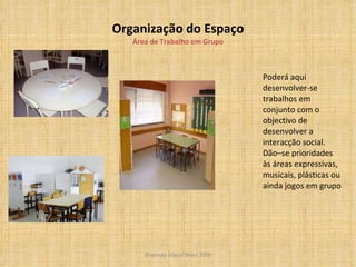Organização do Espaço Área de Trabalho em Grupo Poderá aqui desenvolver-se trabalhos em conjunto com o objectivo de desenvolver a interacção social. Dão–se prioridades às áreas expressivas, musicais, plásticas ou ainda jogos em grupo  