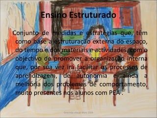 Ensino Estruturado Conjunto de medidas e estratégias que, têm como base a estruturação externa do espaço, do tempo e dos materiais e actividades, com o objectivo de promover a organização interna que, por sua vez irá facilitar os processos de aprendizagem, de autonomia e ainda a melhoria dos problemas de comportamento, muito presentes nos alunos com PEA . 