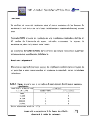 HACIA LA CALIDAD: Necesidad para el Próximo Milenio
La operación y mantenimiento de las lagunas de oxidación:
Garantía de la calidad del tratamiento
13
Personal
La cantidad de personas necesarias para el control adecuado de las lagunas de
estabilización está en función del número de celdas que componen el sistema y su área
total.
Arceivala (1981), presenta los resultados de una investigación realizada en la India en
41 plantas de tratamiento de aguas residuales compuestas de lagunas de
estabilización, como se presenta en la Tabla 4.
La experiencia de CETESB (1989), demuestra que es siempre necesario un supervisor,
por pequeña que sea el tamaño de la laguna.
Funciones del personal
El equipo que opera el sistema de lagunas de estabilización está siempre compuesto de
un supervisor y uno o más ayudantes, en función de la magnitud y partes constitutivas
del sistema.
Tabla 4 - Equipo necesario para la operación y el mantenimiento de sistemas de lagunas de
estabilización
PERSONALPOBLACIÓN SERVIDA POR
LAGUNA (hab) SUPERVISOR AYUDANTES
5.000 - 2
10.000 - 3
50.000 1 6
100.000 1 8
200.000 1 8
Fuente: adaptado de Arceivala (1973)
 