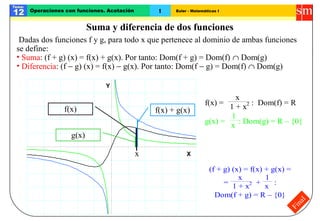 Euler - Matemáticas I
Tema:
12 1Operaciones con funciones. Acotación
Final
Suma y diferencia de dos funciones
Dadas dos funciones f y g, para todo x que pertenece al dominio de ambas funciones
se define:
• Suma: (f + g) (x) = f(x) + g(x). Por tanto: Dom(f + g) = Dom(f) ∩ Dom(g)
• Diferencia: (f − g) (x) = f(x) − g(x). Por tanto: Dom(f − g) = Dom(f) ∩ Dom(g)
-5
-4
-3
-2
-1
0
1
2
3
4
5
-5 -4 -3 -2 -1 0 1 2 3 4 5
X
Y
x
f(x) f(x) + g(x)
f(x) =
x
1 + x2 : Dom(f) = R
g(x) =
1
x
: Dom(g) = R – {0}
(f + g) (x) = f(x) + g(x) =
=
x
1 + x2 +
1
x
:
Dom(f + g) = R – {0}
g(x)
1
 