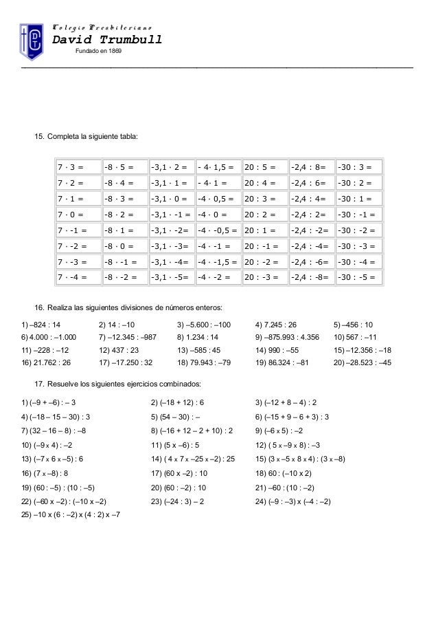 Operaciones Basicas Con Numeros Enteros