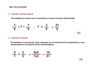 MULTIPLICACIÓN
1 – fracción x número natural
Se multiplica el número por el numerador y se pone el mismo denominador
2 – Fracción x fracción
5
7
X
2
3
=
5x2
7x3
El resultado es una fracción cuyo numerador es el producto de los numeradores y cuyo
denominador es el producto de los denominadores
=
10
21
1
6
X 7 =
7
6
3
6
7 X; =
21
6
 