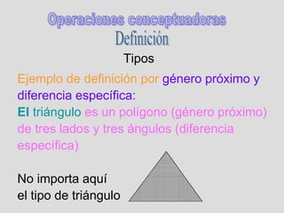 Tipos
Ejemplo de definición por género próximo y
diferencia específica:
El triángulo es un polígono (género próximo)
de tres lados y tres ángulos (diferencia
específica)
No importa aquí
el tipo de triángulo
 