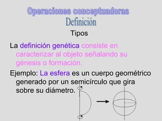 Tipos
La definición genética consiste en
caracterizar al objeto señalando su
génesis o formación.
Ejemplo: La esfera es un cuerpo geométrico
generado por un semicírculo que gira
sobre su diámetro.
 