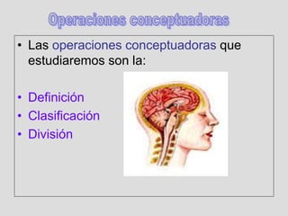 • Las operaciones conceptuadoras que
estudiaremos son la:
• Definición
• Clasificación
• División
 