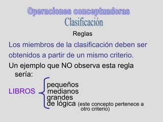 Reglas
Los miembros de la clasificación deben ser
obtenidos a partir de un mismo criterio.
Un ejemplo que NO observa esta regla
sería:
pequeños
LIBROS medianos
grandes
de lógica (este concepto pertenece a
otro criterio)
 