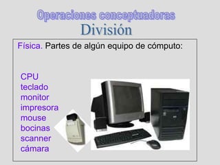 Física. Partes de algún equipo de cómputo:
CPU
teclado
monitor
impresora
mouse
bocinas
scanner
cámara
 