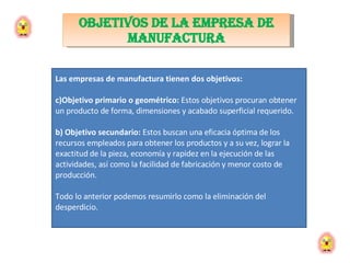 Objetivos de la EMPRESA DE MANUFACTURA Las empresas de manufactura tienen dos objetivos:  Objetivo primario o geométrico:  Estos objetivos procuran obtener un producto de forma, dimensiones y acabado superficial requerido. b) Objetivo secundario:  Estos buscan una eficacia óptima de los recursos empleados para obtener los productos y a su vez, lograr la exactitud de la pieza, economía y rapidez en la ejecución de las actividades, así como la facilidad de fabricación y menor costo de producción.  Todo lo anterior podemos resumirlo como la eliminación del desperdicio.  