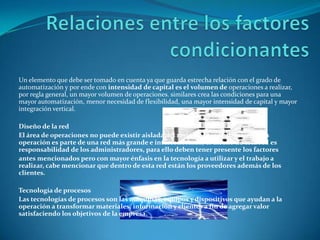 Relaciones entre los factores condicionantesUn elemento que debe ser tomado en cuenta ya que guarda estrecha relación con el grado de automatización y por ende con intensidad de capital es el volumen de operaciones a realizar, por regla general, un mayor volumen de operaciones. similares crea las condiciones para una mayor automatización, menor necesidad de flexibilidad, una mayor intensidad de capital y mayor integración vertical.Diseño de la redEl área de operaciones no puede existir aislada del resto de la organización, cada operación es parte de una red más grande e interconectada, el diseño de esta red es responsabilidad de los administradores, para ello deben tener presente los factoresantes mencionados pero con mayor énfasis en la tecnología a utilizar y el trabajo a realizar, cabe mencionar que dentro de esta red están los proveedores además de los clientes.Tecnología de procesosLas tecnologías de procesos son las máquinas, equipos y dispositivos que ayudan a la operación a transformar materiales, información y clientes a fin de agregar valor satisfaciendo los objetivos de la empresa.