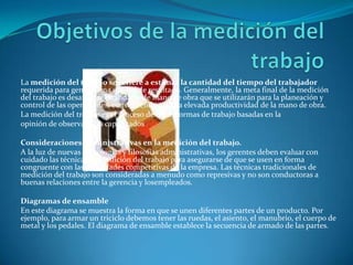 Objetivos de la medición del trabajoLa medición del trabajo se refiere a estimar la cantidad del tiempo del trabajador requerida para generar una unidad de resultado. Generalmente, la meta final de la medición del trabajo es desarrollar estándares de mano de obra que se utilizarán para la planeación y control de las operaciones, consiguiendo así una elevada productividad de la mano de obra.La medición del trabajo es el proceso de crear normas de trabajo basadas en laopinión de observadores capacitadosConsideraciones administrativas en la medición del trabajo.A la luz de nuevas tecnologías y filosofías administrativas, los gerentes deben evaluar con cuidado las técnicas de medición del trabajo para asegurarse de que se usen en forma congruente con las prioridades competitivas de la empresa. Las técnicas tradicionales de medición del trabajo son consideradas a menudo como represivas y no son conductoras a buenas relaciones entre la gerencia y losempleados.Diagramas de ensambleEn este diagrama se muestra la forma en que se unen diferentes partes de un producto. Por ejemplo, para armar un triciclo debemos tener las ruedas, el asiento, el manubrio, el cuerpo de metal y los pedales. El diagrama de ensamble establece la secuencia de armado de las partes.