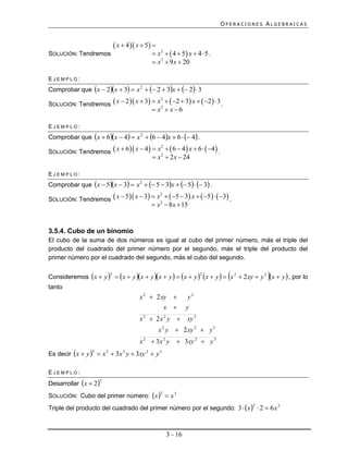 OPERACIONES ALGEBRAICAS


                               x  4  x  5 
SOLUCIÓN: Tendremos                             x 2   4  5 x  4  5 .
                                                x 2  9 x  20

EJEMPLO:
Comprobar que x  2x  3  x 2   2  3x   2  3

SOLUCIÓN: Tendremos  x  2  x  3  x 2   2  3 x   2   3 .
                                          2

                                                x  x6

EJEMPLO:
Comprobar que x  6x  4  x 2  6  4x  6   4 .

SOLUCIÓN: Tendremos  x  6  x  4   x 2   6  4  x  6   4  .
                                           2

                                                x  2 x  24

EJEMPLO:
Comprobar que x  5x  3  x 2   5  3x   5   3 .

SOLUCIÓN: Tendremos  x  5 x  3  x 2   5  3 x   5    3 .
                                         2

                                                x  8 x  15


3.5.4. Cubo de un binomio
El cubo de la suma de dos números es igual al cubo del primer número, más el triple del
producto del cuadrado del primer número por el segundo, más el triple del producto del
primer número por el cuadrado del segundo, más el cubo del segundo.


                                                                                         
Consideremos x  y   x  y x  y x  y   x  y  x  y   x 2  2 xy  y 2 x  y  , por lo
                          3                                             2


tanto
                                         x 2  2 xy              y2
                                                  x             y
                                         x 2  2x 2 y           xy 2
                                                    x 2 y  2 xy 2  y 3
                                         x 2  3 x 2 y  3 xy 2  y 3
Es decir x  y   x 2  3x 2 y  3xy 2  y 3
                  3




EJEMPLO:
Desarrollar x  2
                      3


SOLUCIÓN: Cubo del primer número: x   x 3
                                                    3


Triple del producto del cuadrado del primer número por el segundo: 3  x   2  6 x 2
                                                                                      2




                                                        3 - 16
 