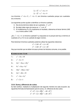 OPERACIONES ALGEBRAICAS


                                         x  32  x 2  6 x  9
                                         x  32  x 2  6 x  9
Los trinomios x 2  6 x  9, x 2  6 x  9 , son trinomios cuadrados porque son cuadrados
de un binomio.

Los siguientes puntos ayudan a identificar un trinomio cuadrado.
      A. Dos de los términos deben de ser cuadrados A 2 y B 2
      B. No debe haber signo de menos en A 2 o en B 2
      C. Si multiplicamos A y B y duplicamos el resultado, obtenemos el tercer término 2AB
         o su inverso aditivo -2AB.

¿Es x 2  6 x  11 un trinomio cuadrado? La respuesta es no porqué solo hay un término al
cuadrado (x2) y (11) no es cuadrado de algún número.

Para factorizar trinomios cuadrados podemos utilizar las siguientes relaciones:
                                      A 2  2 AB  B 2  ( A  B) 2
                                      A 2  2 AB  B 2  ( A  B) 2
Hay que recordar que se deben de sacar primero los factores comunes, si es posible.


EJERCICIOS 3.4:
1.-       x 2  14 x  49
2.-       x 2  6x  9
3.-      16 x 2  56 xy  49 y 2

4.-      9 x 2  18xy  9 y 2

5.-      36m 2  48mn  16n 2
6.-      16 x 2  40 x  25
7.-       x 2  4 xy  4 y 2

8.-       x 2  2x  1


3.9.4. Suma y diferencia de cubos.
Es fácil verificar, mediante la multiplicación del segundo miembro de cada ecuación, las
siguientes fórmulas de factorización para la suma y la diferencia de dos cubos.
                                   A3  B 3   A  B A 2  AB  B 2 
                                   A3  B 3   A  B A 2  AB  B 2 



                                                  3 - 37
 