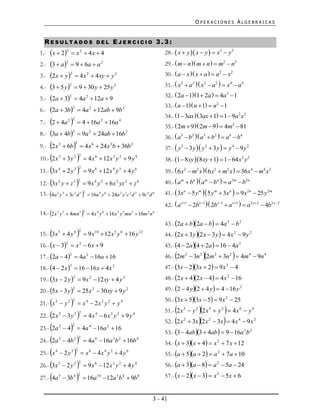 OPERACIONES ALGEBRAICAS


  RESULTADOS                                       DEL                      EJERCICIO 3.3:
1.- x  2  x  4 x  4                                                                                       28.-  x  y  x  y   x 2  y 2
                  2               2


2.- 3  a   9  6a  a 2                                                                                     29.-  m  n  m  n   m2  n2
                  2


3.- 2 x  y   4 x 2  4 xy  y 2
                      2                                                                                         30.-  a  x  x  a   a 2  x 2

4.- 3  5 y   9  30 y  25 y 2
                      2                                                                                         31.-  x2  a 2  x2  a 2   x4  a 4

5.- 2a  3  4a 2  12a  9
                      2                                                                                         32.-  2a  11  2a   4a 2  1
                                                                                                                33.-  n  1 n  1  n2  1
6.- 2a  3b  4a 2  12ab  9b 2
                          2

                                                                                                                34.- 1  3ax  3ax  1  1  9a 2 x 2
      
7.- 2  4a        2 2
                              4  16a  16a           2                           4
                                                                                                                35.-  2m  9 2m  9   4m2  81
8.- 3a  4b  9a  24ab  16b
                          2                2                                                2
                                                                                                                36.-  a3  b2  a3  b2   a6  b4
     
9.- 2 x 3  6b   4x  24x b  36b
                              2                6                        3                       2
                                                                                                                37.-  y 2  3 y  y 2  3 y   y 4  9 y 2
10.- 2 x  3 y   4 x  12 x y  9 y
              3           2 2                      6                        3       2               4
                                                                                                                38.- 1  8xy 8xy  1  1  64 x 2 y 2
11.- 3x  2 y   9 x  12 x y  4 y
              4           3 2                      8                        4       3               6
                                                                                                                39.-  6 x2  m2 x  6 x2  m2 x   36 x4  m4 x2
12.- 3x y  z   9 x y  6 x yz  z
              2           3 2                      4        2                   2           3           6       40.-  a m  bn  a m  bn   a 2m  b2n
13.- 4a 2 y 3  3c 2 d 3 2  16a 4 y 6  24a 2 y 3c 2 d 3  9c 4 d 6                                          41.-  3x a  5 y m  5 y m  3xa   9 x 2a  25 y 2m
                                                                                                                42.-  a x1  2b x1  2b x1  a x1   a 2 x2  4b2 x2
14.- 2 x 2 y 3  4mn3 2  4 x 4 y 6  16 x 2 y 3 mn3  16m 2 n 6
                                                                                                                43.- 2a  b2a  b  4a 2  b 2
      
15.- 3x 5  4 y 6                2
                                       9 x10  12 x 5 y 6  16 y12                                             44.- 2 x  3 y 2 x  3 y   4 x 2  9 y 2
16.- x  3  x 2  6 x  9                                                                                    45.- 4  2a 4  2a   16  4a 2
                  2



17.- 2a  4  4a 2  16a  16
                      2
                                                                                                                                      
                                                                                                                46.- 2m 2  3n 2 2m 2  3n 2  4m 4  9n 4
18.- 4  2 x   16  16 x  4 x 2
                      2
                                                                                                                47.- 3x  23x  2  9 x 2  4
19.- 3x  2 y   9 x 2  12 xy  4 y 2
                          2                                                                                     48.- 2 x  42 x  4  4 x 2  16

20.- 5x  3 y   25x 2  30 xy  9 y 2
                          2                                                                                     49.- 2  4 y 2  4 y   4  16 y 2
                                                                                                                50.- 3x  53x  5  9 x 2  25
     
21.- x 2  y 2  x  2x y  y
                          2            4                    2       2                   4

                                                                                                                                                   
                                                                                                                51.- 2 x 3  y 2 2 x 3  y 2  4 x 6  y 4
22.- 2 x  3 y   4 x  6 x y  9 y
              2           2 2                      4                    2       2               4

                                                                                                                52.- 2 x   2
                                                                                                                                 3x 2 x   2
                                                                                                                                                  3x   4 x   4
                                                                                                                                                                     9x 2
23.- 2a  4  4a  16a  16
              2           2                4                        2
                                                                                                                53.- 3  4ab3  4ab  9  16a 2 b 2
24.- 2a  4b   4a  16a b  16b
              3           2 2                      6                        3       2               4
                                                                                                                54.- x  3x  4  x 2  7 x  12
25.- x  2 y   x  4 x y  4 y
          4           3 2                  8                    4       3                   6
                                                                                                                55.- a  5a  2  a 2  7a  10
26.- 3x  2 y   9 x  12 x y  4 y
              3           2 2                      6                        3       2               4
                                                                                                                56.- a  3a  8  a 2  5a  24

27.- 4a  3b   16a  12a b  9b
              5           4 2                          10                       5       4               8       57.- x  2x  3  x 2  5x  6


                                                                                                            3 - 41
 