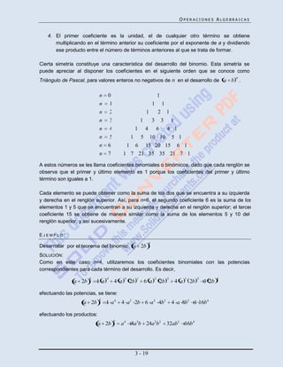 OPERACIONES ALGEBRAICAS


   4. El primer coeficiente es la unidad, el de cualquier otro término se obtiene
      multiplicando en el término anterior su coeficiente por el exponente de a y dividiendo
      ese producto entre el número de términos anteriores al que se trata de formar.

Cierta simetría constituye una característica del desarrollo del binomio. Esta simetría se
puede apreciar al disponer los coeficientes en el siguiente orden que se conoce como
                                                                                                                          n
Triángulo de Pascal, para valores enteros no negativos de n en el desarrollo de a b .

                            n   0                                           1
                            n    1                                  1           1
                            n    2                          1               2       1
                            n    3                      1           3           3       1
                            n    4                  1       4            6          4 1
                            n    5             1        5
                                                  10 10 5 1
                            n   6           1 6 15 20 15 6 1
                            n   7          1 7 21 35 35 21 7 1

A estos números se les llama coeficientes binomiales o binómicos, dado que cada renglón se
observa que el primer y último elemento es 1 porque los coeficientes del primer y último
término son iguales a 1.

Cada elemento se puede obtener como la suma de los dos que se encuentra a su izquierda
y derecha en el renglón superior. Así, para n=6, el segundo coeficiente 6 es la suma de los
elementos 1 y 5 que se encuentran a su izquierda y derecha en el renglón superior; el tercer
coeficiente 15 se obtiene de manera similar como la suma de los elementos 5 y 10 del
renglón superior, y así sucesivamente.

EJEMPLO:
                                                                4
Desarrollar por el teorema del binomio: a 2b
SOLUCIÓN:
Como en este caso n=4, utilizaremos los coeficientes binomiales con las potencias
correspondientes para cada término del desarrollo. Es decir,
                      4         4          3        1                   2           2             1        3          4
               a 2b       1 a        4 a       2b           6 a              2b             4 a       2b       1 2b

efectuando las potencias, se tiene:
                            4
                   a 2b         1 a4     4 a3 2b 6 a 2 4b2                              4 a 8b3 1 16b 4

efectuando los productos:
                                     4
                            a 2b         a 4 8a3b 24a 2b2                           32ab3 16b 4




                                                    3 - 19
 