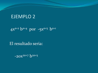      EJEMPLO 24xa+2 ba+4  por  -5xa+5  ba+1  El resultado seria:        -20x2a+7 b2a+5