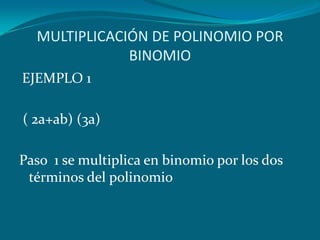MULTIPLICACIÓN DE POLINOMIO POR BINOMIOEJEMPLO 1 ( 2a+ab) (3a)Paso  1 se multiplica en binomio por los dos términos del polinomio