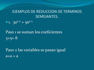 EJEMPLOS DE REDUCCION DE TERMINOS SEMEJANTES.1.  3ax-2 + 5ax-2Paso 1 se suman los coeficientes                           3+5= 8Paso 2 las variables se pasan iguala+a = a