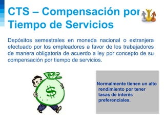 CTS – Compensación por
Tiempo de Servicios
Depósitos semestrales en moneda nacional o extranjera
efectuado por los empleadores a favor de los trabajadores
de manera obligatoria de acuerdo a ley por concepto de su
compensación por tiempo de servicios.
Normalmente tienen un alto
rendimiento por tener
tasas de interés
preferenciales.
 