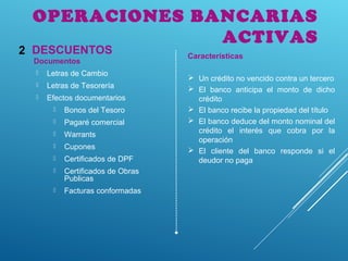 OPERACIONES BANCARIAS
ACTIVAS
DESCUENTOS2
Documentos
 Letras de Cambio
 Letras de Tesorería
 Efectos documentarios
 Bonos del Tesoro
 Pagaré comercial
 Warrants
 Cupones
 Certificados de DPF
 Certificados de Obras
Publicas
 Facturas conformadas
Características
 Un crédito no vencido contra un tercero
 El banco anticipa el monto de dicho
crédito
 El banco recibe la propiedad del título
 El banco deduce del monto nominal del
crédito el interés que cobra por la
operación
 El cliente del banco responde si el
deudor no paga
 