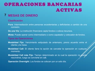 OPERACIONES BANCARIAS
ACTIVAS
MESAS DE DINERO7
Clasificación
Pura: Intermediación entre personas excedentarias y deficitarias a cambio de una
comisión.
De una Vía: La institución financiera capta fondos o coloca recursos.
Mixta: Puede operar como intermediario o como capatador y colocador de fondos.
Tipos de Operaciones
Modalidad Fijo: Vencimiento estipulado de antemano, previo acuerdo entre el
cliente y la mesa.
Modalidad Call: El cliente tiene la opción de cancelar la operación en cualquier
momento.
Modalidad Call más Fijo: Tiempo determinado en la cual la operación no puede
rescindirse, luego se convierte en call.
Operación Overnight: Los fondos se colocan por un solo día.
 