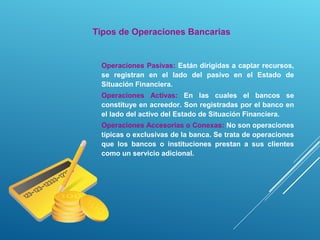 Tipos de Operaciones Bancarias
Operaciones Pasivas: Están dirigidas a captar recursos,
se registran en el lado del pasivo en el Estado de
Situación Financiera.
Operaciones Activas: En las cuales el bancos se
constituye en acreedor. Son registradas por el banco en
el lado del activo del Estado de Situación Financiera.
Operaciones Accesorias o Conexas: No son operaciones
típicas o exclusivas de la banca. Se trata de operaciones
que los bancos o instituciones prestan a sus clientes
como un servicio adicional.
 