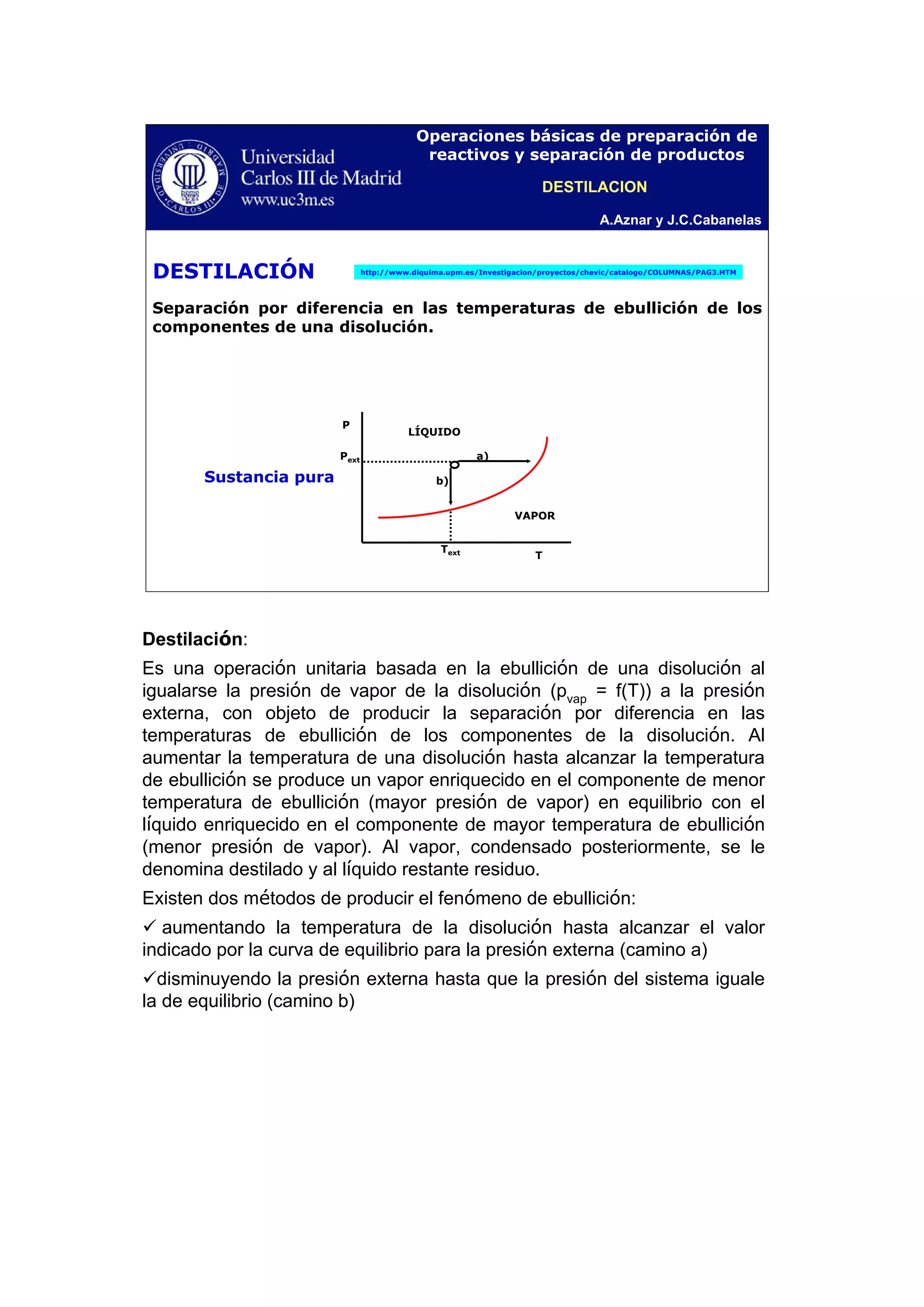 A.Aznar y J.C.Cabanelas
Operaciones básicas de preparación de
reactivos y separación de productos
DESTILACIÓN
Separación por diferencia en las temperaturas de ebullición de los
componentes de una disolución.
Pext
Text
P
T
LÍQUIDO
VAPOR
b)
a)
Sustancia pura
http://www.diquima.upm.es/Investigacion/proyectos/chevic/catalogo/COLUMNAS/PAG3.HTM
DESTILACION
Destilación:
Es una operación unitaria basada en la ebullición de una disolución al
igualarse la presión de vapor de la disolución (pvap
= f(T)) a la presión
externa, con objeto de producir la separación por diferencia en las
temperaturas de ebullición de los componentes de la disolución. Al
aumentar la temperatura de una disolución hasta alcanzar la temperatura
de ebullición se produce un vapor enriquecido en el componente de menor
temperatura de ebullición (mayor presión de vapor) en equilibrio con el
líquido enriquecido en el componente de mayor temperatura de ebullición
(menor presión de vapor). Al vapor, condensado posteriormente, se le
denomina destilado y al líquido restante residuo.
Existen dos métodos de producir el fenómeno de ebullición:
aumentando la temperatura de la disolución hasta alcanzar el valor
indicado por la curva de equilibrio para la presión externa (camino a)
disminuyendo la presión externa hasta que la presión del sistema iguale
la de equilibrio (camino b)
 