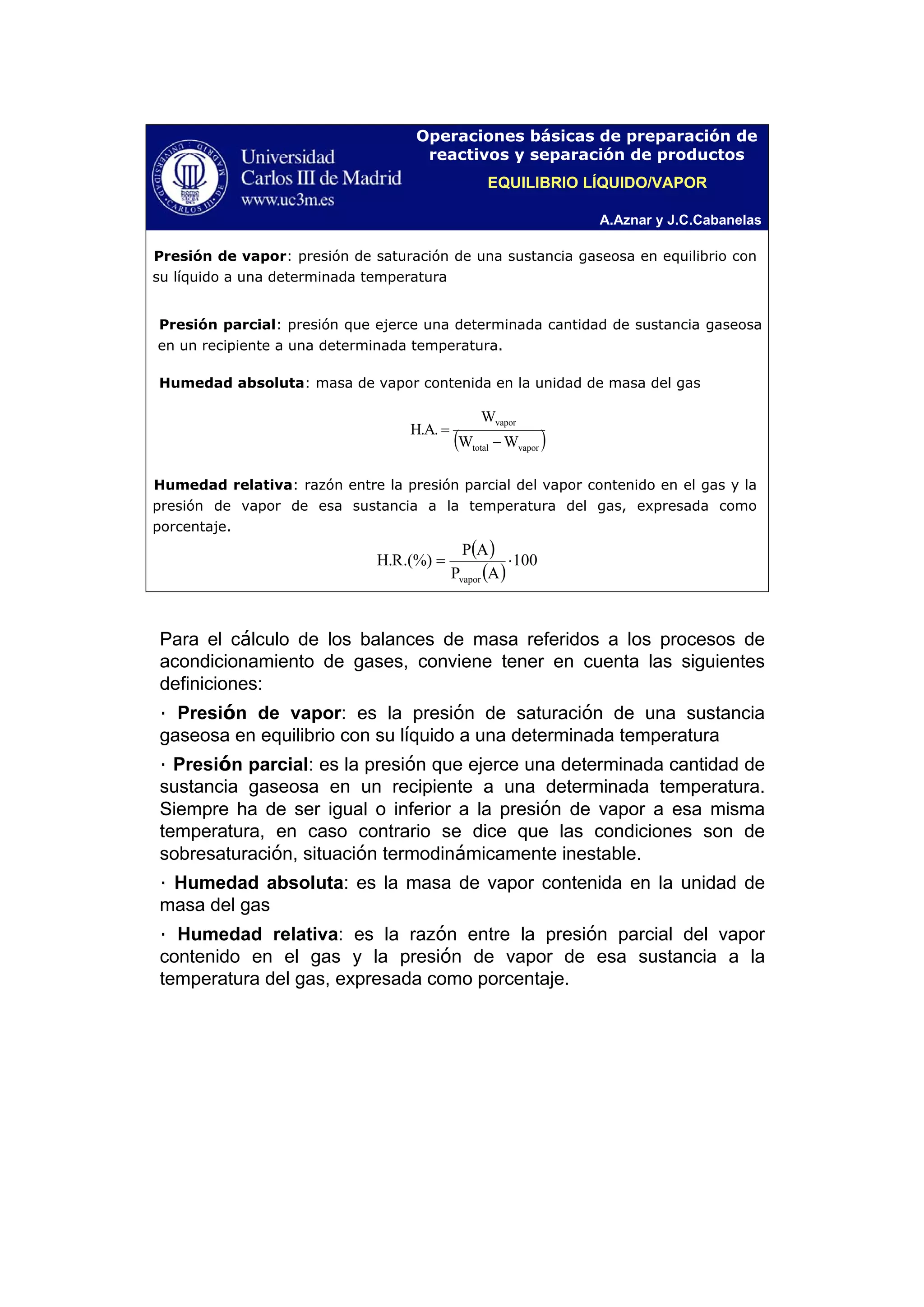 A.Aznar y J.C.Cabanelas
Operaciones básicas de preparación de
reactivos y separación de productos
Presión de vapor: presión de saturación de una sustancia gaseosa en equilibrio con
su líquido a una determinada temperatura
( )vaportotal
vapor
WW
W
.A.H
−
=
( )
( )
100
AP
AP
.(%)R.H
vapor
⋅=
Humedad relativa: razón entre la presión parcial del vapor contenido en el gas y la
presión de vapor de esa sustancia a la temperatura del gas, expresada como
porcentaje.
Presión parcial: presión que ejerce una determinada cantidad de sustancia gaseosa
en un recipiente a una determinada temperatura.
Humedad absoluta: masa de vapor contenida en la unidad de masa del gas
EQUILIBRIO LÍQUIDO/VAPOR
Para el cálculo de los balances de masa referidos a los procesos de
acondicionamiento de gases, conviene tener en cuenta las siguientes
definiciones:
· Presión de vapor: es la presión de saturación de una sustancia
gaseosa en equilibrio con su líquido a una determinada temperatura
· Presión parcial: es la presión que ejerce una determinada cantidad de
sustancia gaseosa en un recipiente a una determinada temperatura.
Siempre ha de ser igual o inferior a la presión de vapor a esa misma
temperatura, en caso contrario se dice que las condiciones son de
sobresaturación, situación termodinámicamente inestable.
· Humedad absoluta: es la masa de vapor contenida en la unidad de
masa del gas
· Humedad relativa: es la razón entre la presión parcial del vapor
contenido en el gas y la presión de vapor de esa sustancia a la
temperatura del gas, expresada como porcentaje.
 