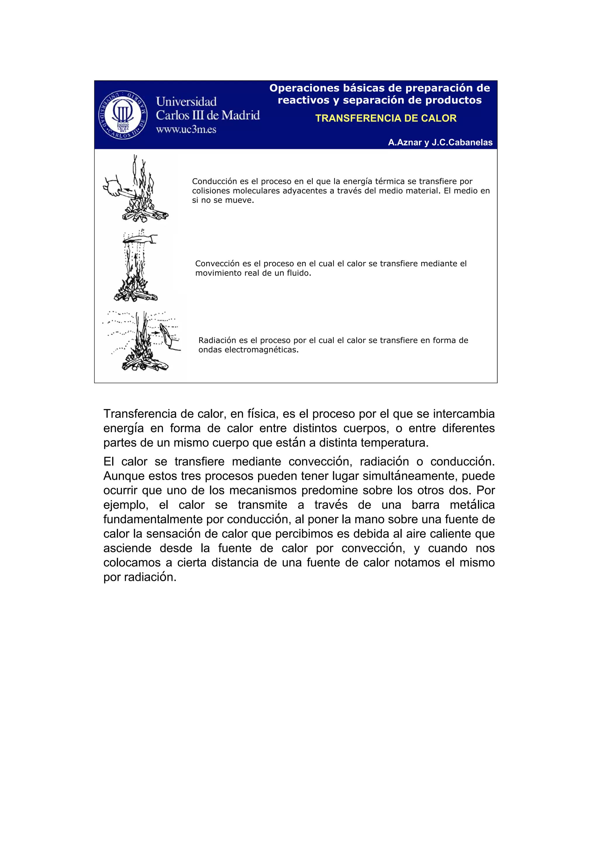 A.Aznar y J.C.Cabanelas
Operaciones básicas de preparación de
reactivos y separación de productos
Conducción es el proceso en el que la energía térmica se transfiere por
colisiones moleculares adyacentes a través del medio material. El medio en
si no se mueve.
Convección es el proceso en el cual el calor se transfiere mediante el
movimiento real de un fluido.
Radiación es el proceso por el cual el calor se transfiere en forma de
ondas electromagnéticas.
TRANSFERENCIA DE CALOR
Transferencia de calor, en física, es el proceso por el que se intercambia
energía en forma de calor entre distintos cuerpos, o entre diferentes
partes de un mismo cuerpo que están a distinta temperatura.
El calor se transfiere mediante convección, radiación o conducción.
Aunque estos tres procesos pueden tener lugar simultáneamente, puede
ocurrir que uno de los mecanismos predomine sobre los otros dos. Por
ejemplo, el calor se transmite a través de una barra metálica
fundamentalmente por conducción, al poner la mano sobre una fuente de
calor la sensación de calor que percibimos es debida al aire caliente que
asciende desde la fuente de calor por convección, y cuando nos
colocamos a cierta distancia de una fuente de calor notamos el mismo
por radiación.
 