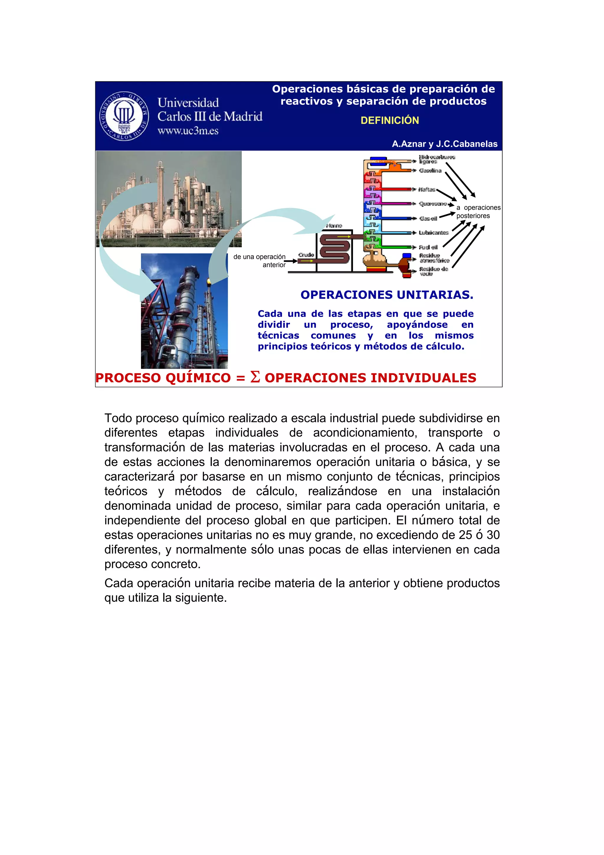 A.Aznar y J.C.Cabanelas
Operaciones básicas de preparación de
reactivos y separación de productos
PROCESO QUÍMICO = Σ OPERACIONES INDIVIDUALES
OPERACIONES UNITARIAS.
Cada una de las etapas en que se puede
dividir un proceso, apoyándose en
técnicas comunes y en los mismos
principios teóricos y métodos de cálculo.
DEFINICIÓN
de una operación
anterior
a operaciones
posteriores
Todo proceso químico realizado a escala industrial puede subdividirse en
diferentes etapas individuales de acondicionamiento, transporte o
transformación de las materias involucradas en el proceso. A cada una
de estas acciones la denominaremos operación unitaria o básica, y se
caracterizará por basarse en un mismo conjunto de técnicas, principios
teóricos y métodos de cálculo, realizándose en una instalación
denominada unidad de proceso, similar para cada operación unitaria, e
independiente del proceso global en que participen. El número total de
estas operaciones unitarias no es muy grande, no excediendo de 25 ó 30
diferentes, y normalmente sólo unas pocas de ellas intervienen en cada
proceso concreto.
Cada operación unitaria recibe materia de la anterior y obtiene productos
que utiliza la siguiente.
 