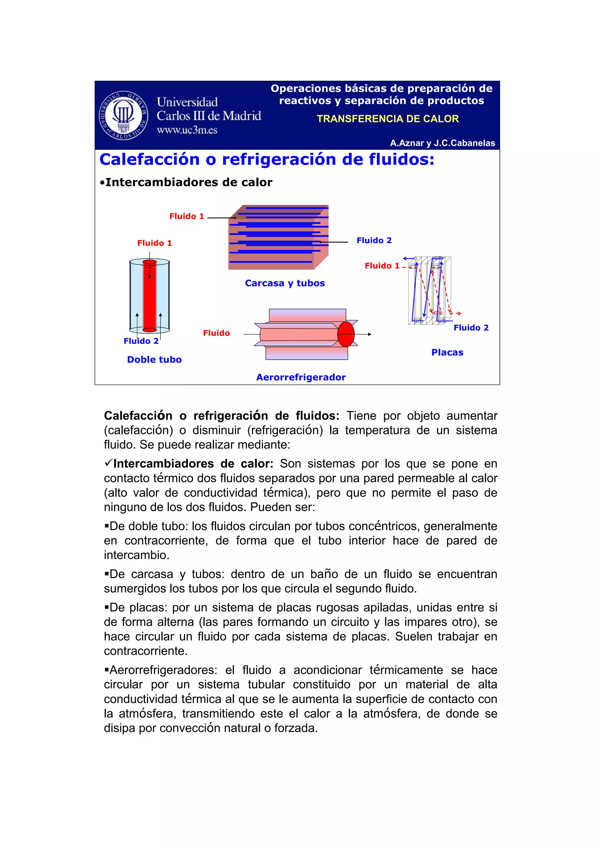 A.Aznar y J.C.Cabanelas
Operaciones básicas de preparación de
reactivos y separación de productos
•Intercambiadores de calor
Fluido 1
Fluido 2
Doble tubo
Fluido 2
Fluido 1
Carcasa y tubos
Fluido
Aerorrefrigerador
Fluido 2
Fluido 1
Placas
Calefacción o refrigeración de fluidos:
TRANSFERENCIA DE CALOR
Calefacción o refrigeración de fluidos: Tiene por objeto aumentar
(calefacción) o disminuir (refrigeración) la temperatura de un sistema
fluido. Se puede realizar mediante:
Intercambiadores de calor: Son sistemas por los que se pone en
contacto térmico dos fluidos separados por una pared permeable al calor
(alto valor de conductividad térmica), pero que no permite el paso de
ninguno de los dos fluidos. Pueden ser:
De doble tubo: los fluidos circulan por tubos concéntricos, generalmente
en contracorriente, de forma que el tubo interior hace de pared de
intercambio.
De carcasa y tubos: dentro de un baño de un fluido se encuentran
sumergidos los tubos por los que circula el segundo fluido.
De placas: por un sistema de placas rugosas apiladas, unidas entre si
de forma alterna (las pares formando un circuito y las impares otro), se
hace circular un fluido por cada sistema de placas. Suelen trabajar en
contracorriente.
Aerorrefrigeradores: el fluido a acondicionar térmicamente se hace
circular por un sistema tubular constituido por un material de alta
conductividad térmica al que se le aumenta la superficie de contacto con
la atmósfera, transmitiendo este el calor a la atmósfera, de donde se
disipa por convección natural o forzada.
 