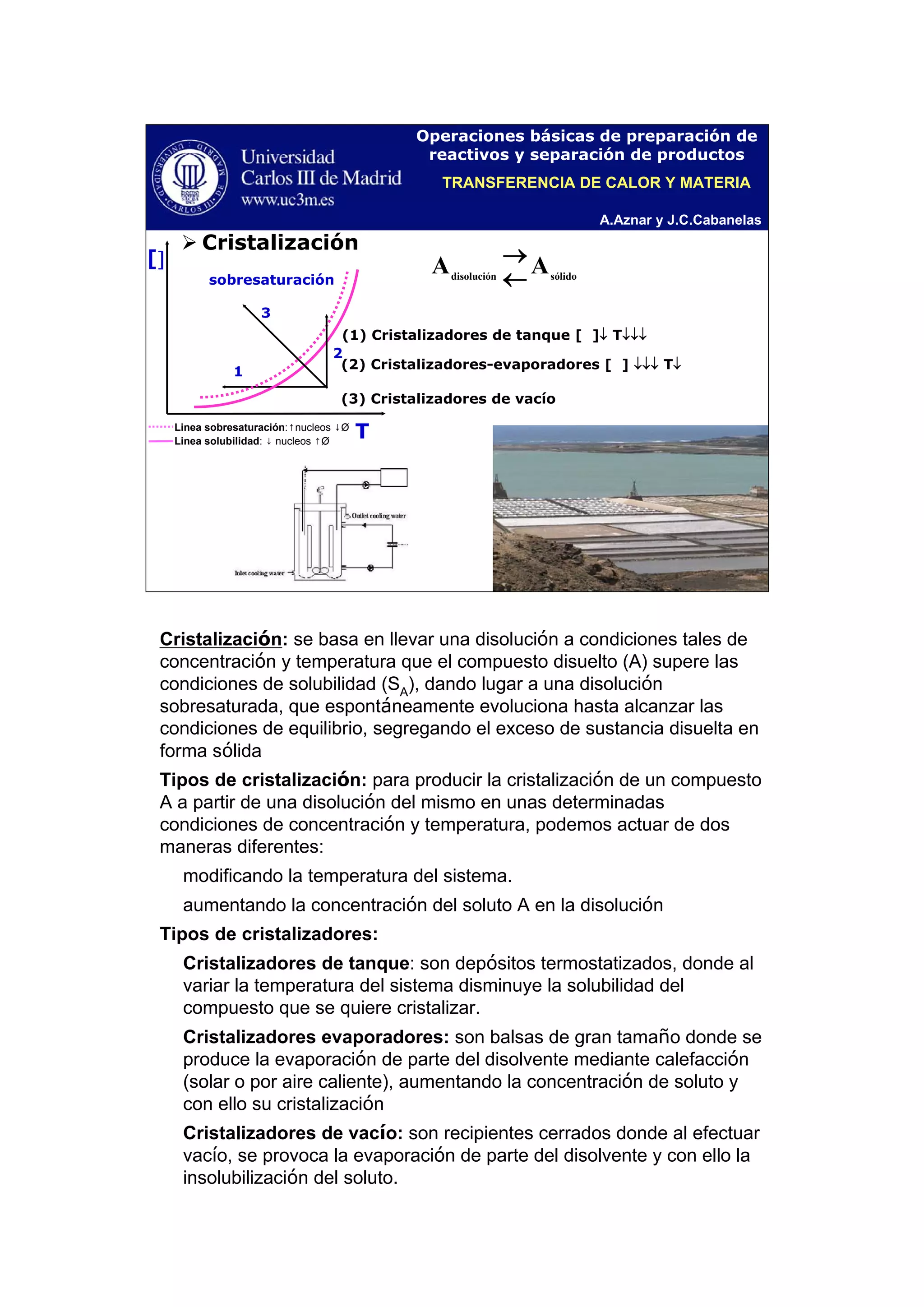A.Aznar y J.C.Cabanelas
Operaciones básicas de preparación de
reactivos y separación de productos
(1) Cristalizadores de tanque [ ]↓ T↓↓↓
1
Cristalización
sólidodisolución
AA
←
→[]
T
sobresaturación
3
(3) Cristalizadores de vacío
2
(2) Cristalizadores-evaporadores [ ] ↓↓↓ T↓
Linea sobresaturación:↑nucleos ↓Ø
Linea solubilidad: ↓ nucleos ↑Ø
TRANSFERENCIA DE CALOR Y MATERIA
Cristalización: se basa en llevar una disolución a condiciones tales de
concentración y temperatura que el compuesto disuelto (A) supere las
condiciones de solubilidad (SA
), dando lugar a una disolución
sobresaturada, que espontáneamente evoluciona hasta alcanzar las
condiciones de equilibrio, segregando el exceso de sustancia disuelta en
forma sólida
Tipos de cristalización: para producir la cristalización de un compuesto
A a partir de una disolución del mismo en unas determinadas
condiciones de concentración y temperatura, podemos actuar de dos
maneras diferentes:
modificando la temperatura del sistema.
aumentando la concentración del soluto A en la disolución
Tipos de cristalizadores:
Cristalizadores de tanque: son depósitos termostatizados, donde al
variar la temperatura del sistema disminuye la solubilidad del
compuesto que se quiere cristalizar.
Cristalizadores evaporadores: son balsas de gran tamaño donde se
produce la evaporación de parte del disolvente mediante calefacción
(solar o por aire caliente), aumentando la concentración de soluto y
con ello su cristalización
Cristalizadores de vacío: son recipientes cerrados donde al efectuar
vacío, se provoca la evaporación de parte del disolvente y con ello la
insolubilización del soluto.
 