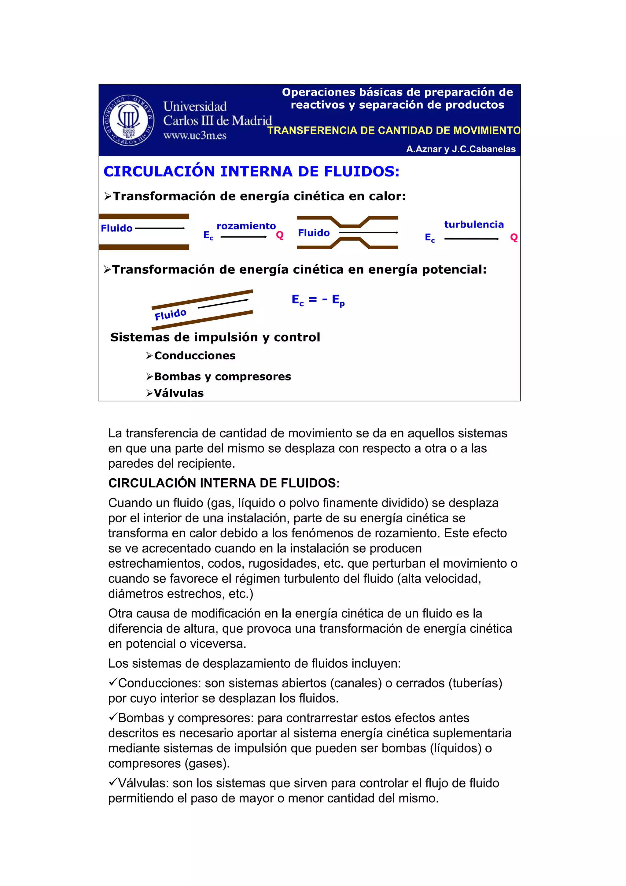 A.Aznar y J.C.Cabanelas
Operaciones básicas de preparación de
reactivos y separación de productos
CIRCULACIÓN INTERNA DE FLUIDOS:
Fluido
Ec Q
rozamiento
Fluido Ec Q
turbulencia
Fluido
Ec = - Ep
Sistemas de impulsión y control
Conducciones
Transformación de energía cinética en calor:
Transformación de energía cinética en energía potencial:
Bombas y compresores
Válvulas
TRANSFERENCIA DE CANTIDAD DE MOVIMIENTO
La transferencia de cantidad de movimiento se da en aquellos sistemas
en que una parte del mismo se desplaza con respecto a otra o a las
paredes del recipiente.
CIRCULACIÓN INTERNA DE FLUIDOS:
Cuando un fluido (gas, líquido o polvo finamente dividido) se desplaza
por el interior de una instalación, parte de su energía cinética se
transforma en calor debido a los fenómenos de rozamiento. Este efecto
se ve acrecentado cuando en la instalación se producen
estrechamientos, codos, rugosidades, etc. que perturban el movimiento o
cuando se favorece el régimen turbulento del fluido (alta velocidad,
diámetros estrechos, etc.)
Otra causa de modificación en la energía cinética de un fluido es la
diferencia de altura, que provoca una transformación de energía cinética
en potencial o viceversa.
Los sistemas de desplazamiento de fluidos incluyen:
Conducciones: son sistemas abiertos (canales) o cerrados (tuberías)
por cuyo interior se desplazan los fluidos.
Bombas y compresores: para contrarrestar estos efectos antes
descritos es necesario aportar al sistema energía cinética suplementaria
mediante sistemas de impulsión que pueden ser bombas (líquidos) o
compresores (gases).
Válvulas: son los sistemas que sirven para controlar el flujo de fluido
permitiendo el paso de mayor o menor cantidad del mismo.
 
