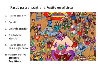 Pasos para encontrar a Pepito en el circo
1. Fijar la atencion
2. Decidir
3. Dejar de atender
4. Trasladar la
atencion
5. Fijar la atencion
en un lugar nuevo
Estos pasos son los
procesos
Cognitivos
 