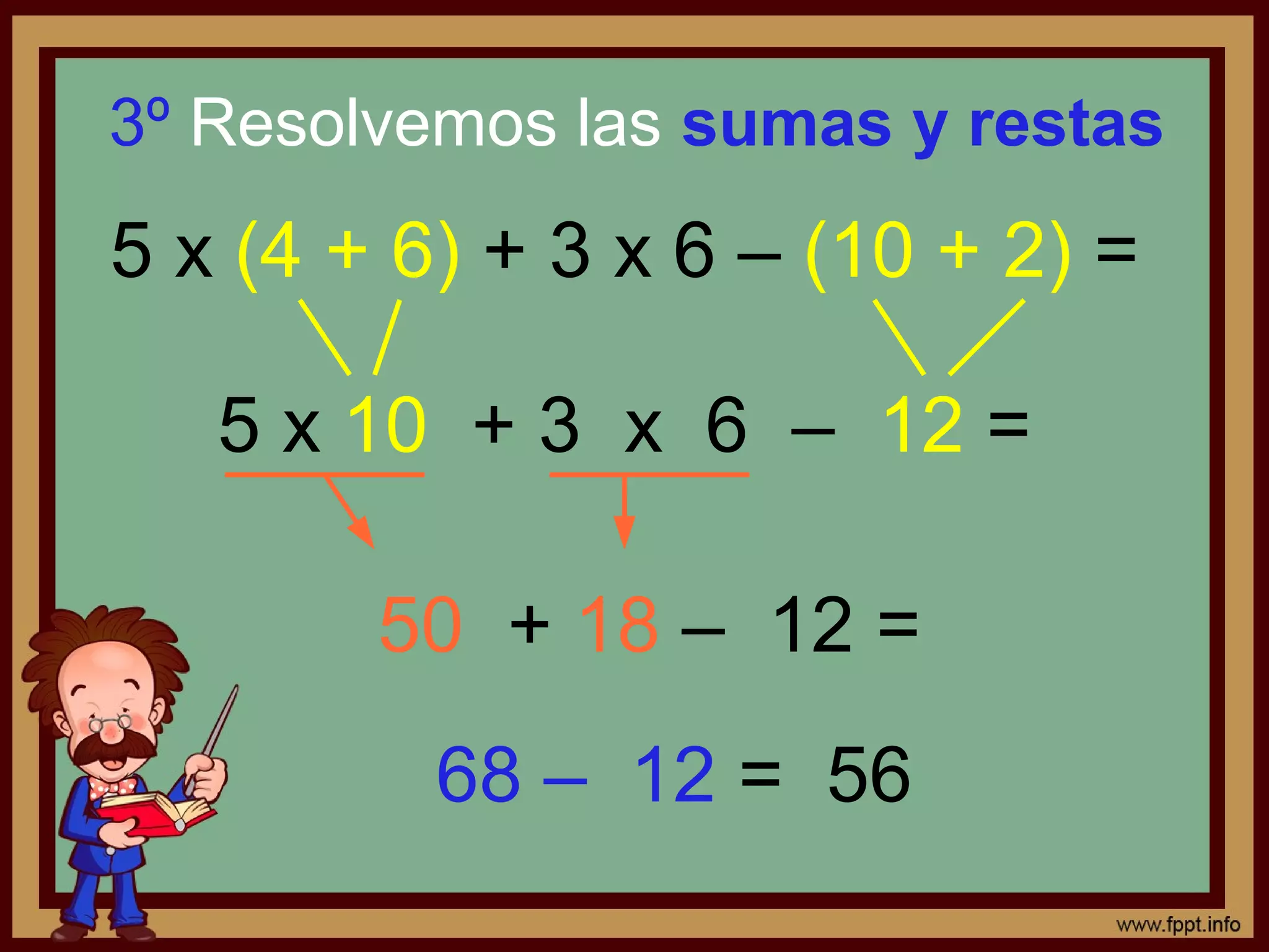 3º Resolvemos las sumas y restas
5 x (4 + 6) + 3 x 6 – (10 + 2) =
5 x 10 + 3 x 6 – 12 =
50 + 18 – 12 =
68 – 12 = 56