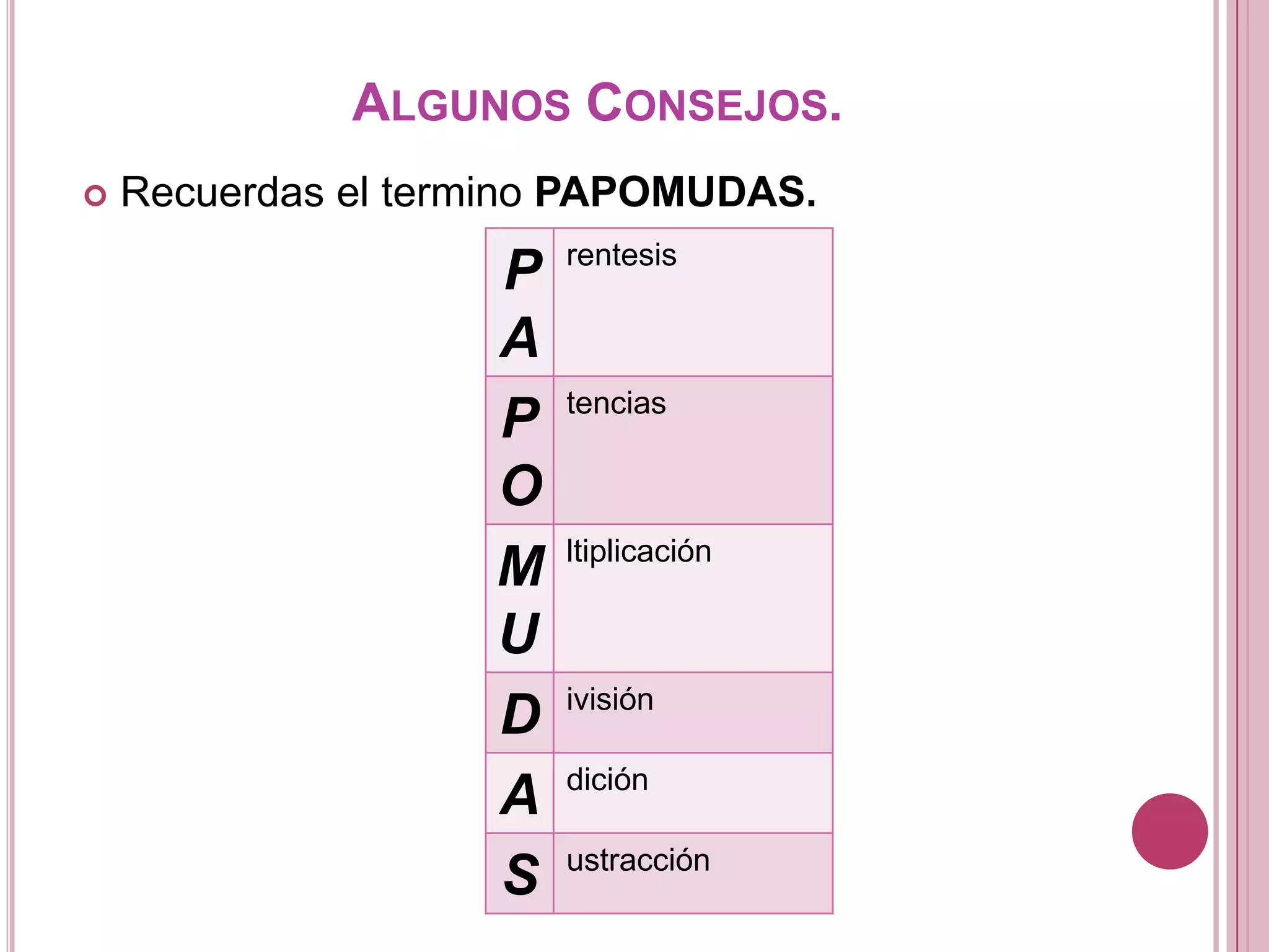 ALGUNOS CONSEJOS.
 Recuerdas el termino PAPOMUDAS.
P
A
rentesis
P
O
tencias
M
U
ltiplicación
D ivisión
A dición
S ustracción
 