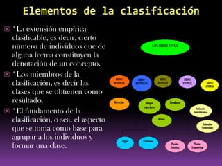  *La extensión empírica
  clasificable, es decir, cierto
  número de individuos que de
  alguna forma constituyen la
  denotación de un concepto.
 *Los miembros de la
  clasificación, es decir las
  clases que se obtienen como
  resultado.
 *El fundamento de la
  clasificación, o sea, el aspecto
  que se toma como base para
  agrupar a los individuos y
  formar una clase.
 