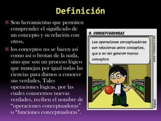  Son herramientas que permiten
  comprender el significado de
  un concepto y su relación con
  otros.
 los conceptos no se hacen así
  como así o brotan de la nada,
  sino que son un proceso lógico
  que manejan por igual todas las
  ciencias para darnos a conocer
  sus verdades. Tales
  operaciones lógicas, por las
  cuales conocemos nuevas
  verdades, reciben el nombre de
  “operaciones conceptuadoras”
  o “funciones conceptuadoras”.
 