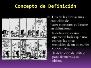  Una de las formas mas
  conocidas de
  hacer conceptos es basarse
  en definiciones.
1. la definición es una
   operación lógica que nos
   entrega las notas
   esenciales de un objeto de
   conocimiento.
2. la definición delimita o
   pone fronteras a un
   objeto.
 