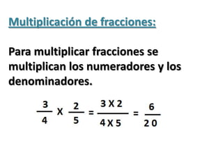 Multiplicación de fracciones:Para multiplicar fracciones se multiplican los numeradores y los denominadores.