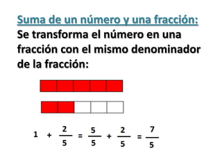 Suma de un número y una fracción:Se transforma el número en una fracción con el mismo denominador de la fracción:
