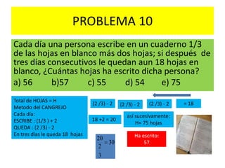 PROBLEMA 10
Cada día una persona escribe en un cuaderno 1/3
de las hojas en blanco más dos hojas; si después de
tres días consecutivos le quedan aun 18 hojas en
blanco, ¿Cuántas hojas ha escrito dicha persona?
a) 56 b)57 c) 55 d) 54 e) 75
Total de HOJAS = H
Metodo del CANGREJO
Cada día:
ESCRIBE : (1/3 ) + 2
QUEDA : (2 /3) - 2
En tres días le queda 18 hojas
(2 /3) - 2 (2 /3) - 2 (2 /3) - 2 = 18
18 +2 = 20
30
3
2
20

así sucesivamente:
H= 75 hojas
Ha escrito:
57
 