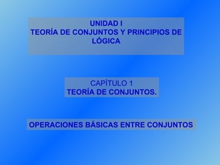 UNIDAD I
TEORÍA DE CONJUNTOS Y PRINCIPIOS DE
              LÓGICA




             CAPÍTULO 1
        TEORÍA DE CONJUNTOS.



OPERACIONES BÁSICAS ENTRE CONJUNTOS
 