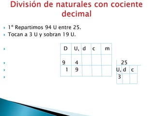  1º Repartimos 94 U entre 25.
 Tocan a 3 U y sobran 19 U.
 D U, d c m
 9 4 25
 1 9 U, d c
 3
 